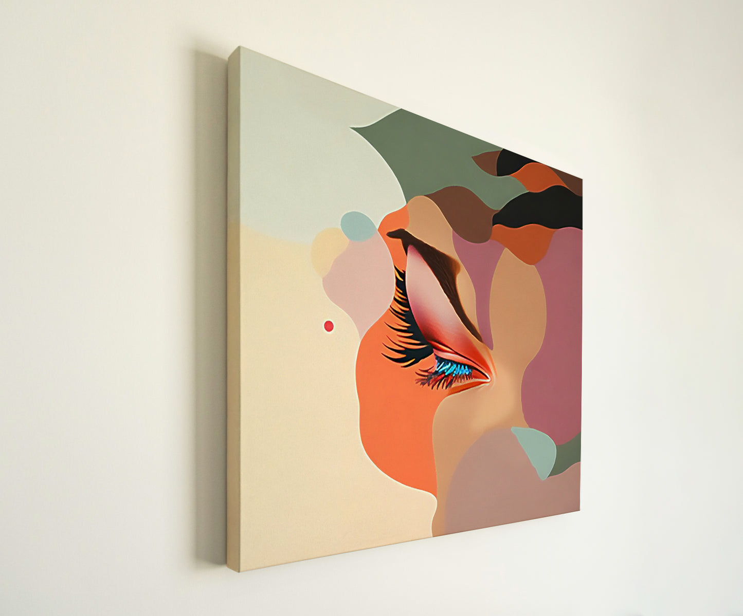 Imagen abstracta de un ojo femenino cerrado, rodeado de formas geométricas y colores suaves como rosa, verde y beige. La obra resalta la belleza del maquillaje y las pestañas, ideal para decoración moderna y creativa.