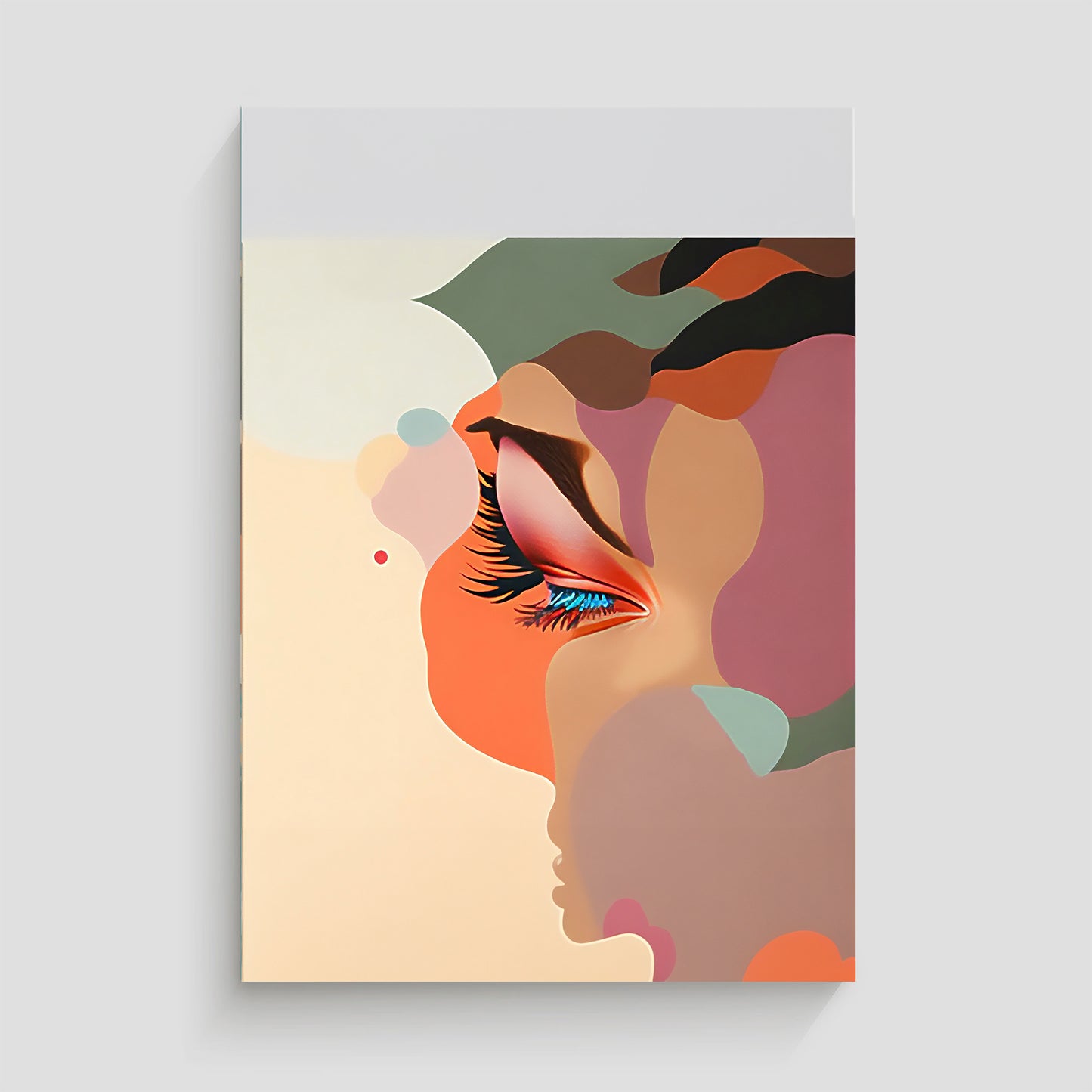 Imagen abstracta de un ojo femenino cerrado, rodeado de formas geométricas y colores suaves como rosa, verde y beige. La obra resalta la belleza del maquillaje y las pestañas, ideal para decoración moderna y creativa.