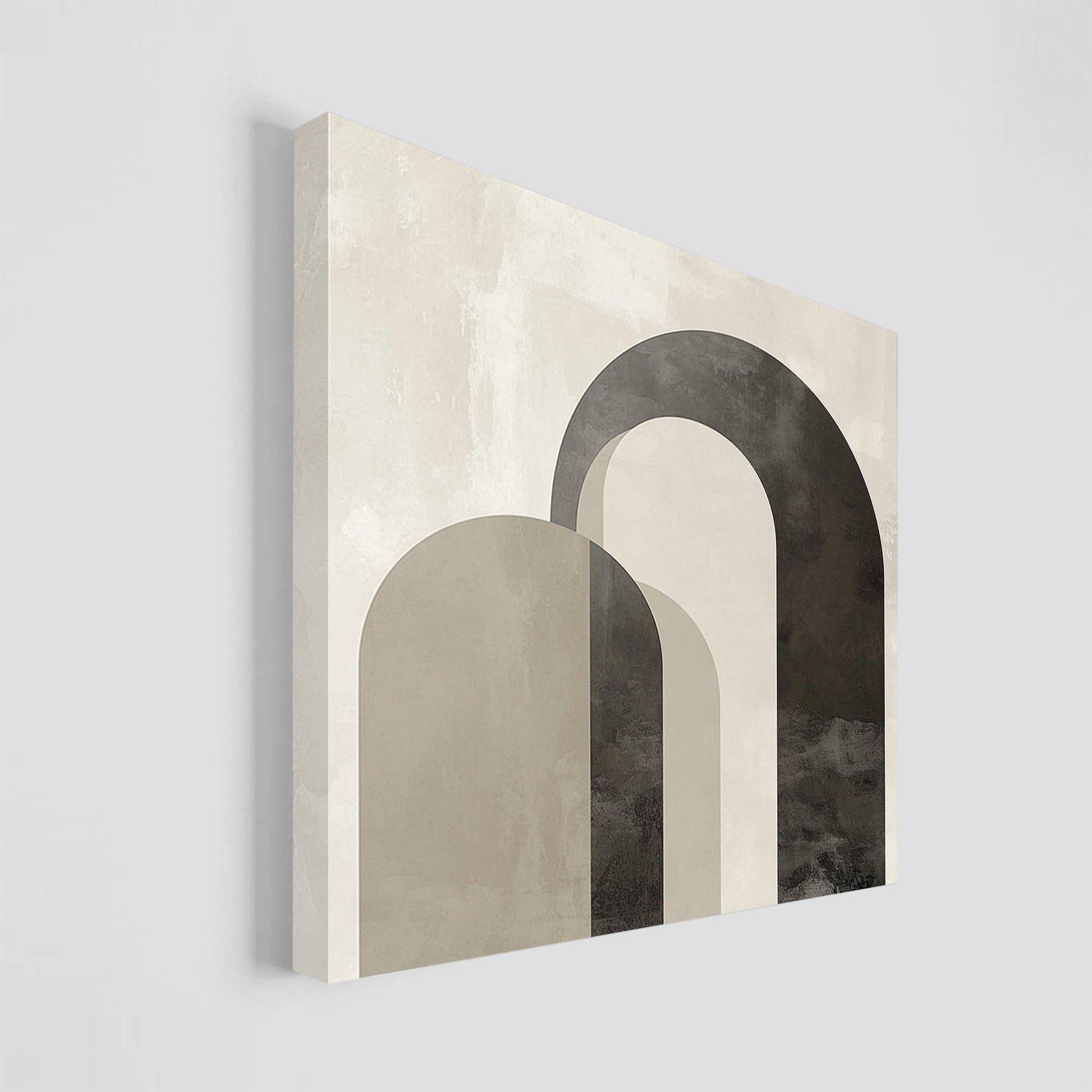 Arte abstracto con diseño geométrico de arcos en tonos beige y gris.