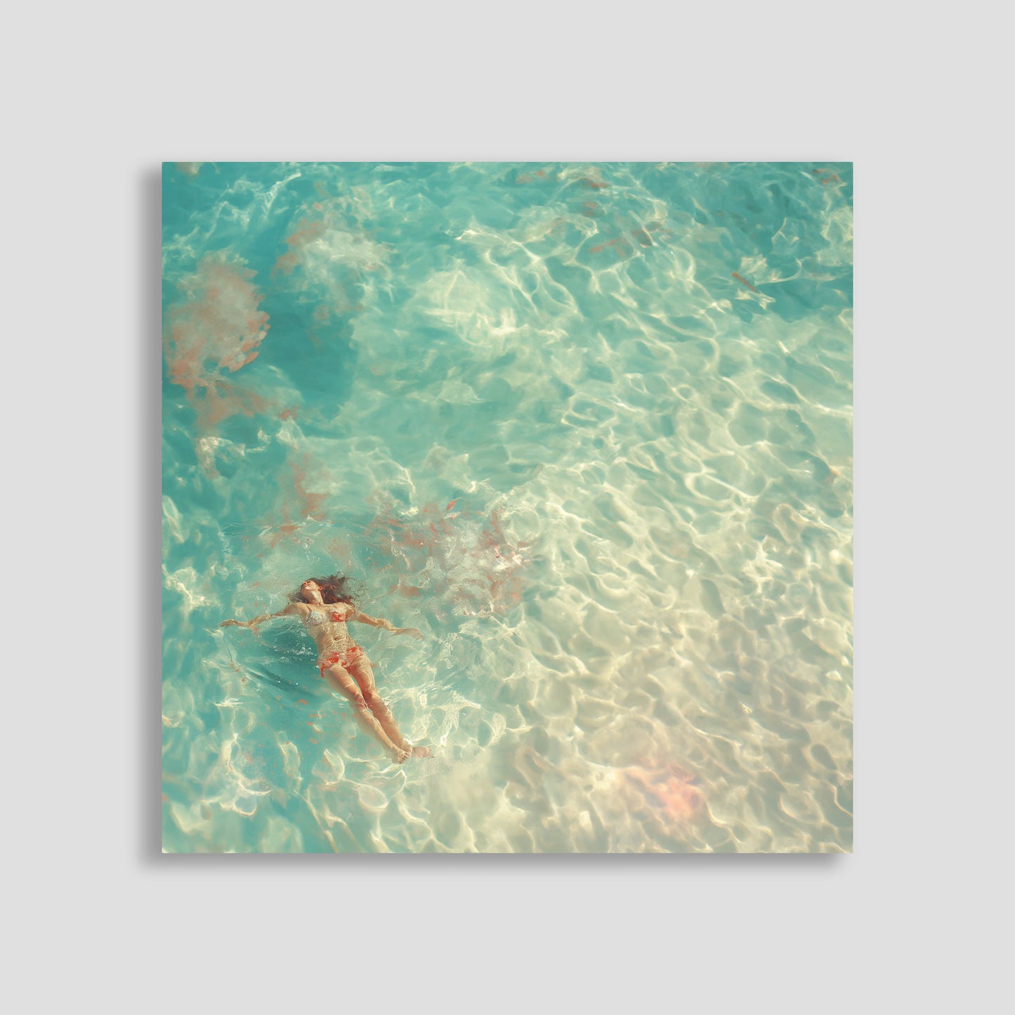 Mujer flotando en aguas cristalinas y turquesas, vista aérea