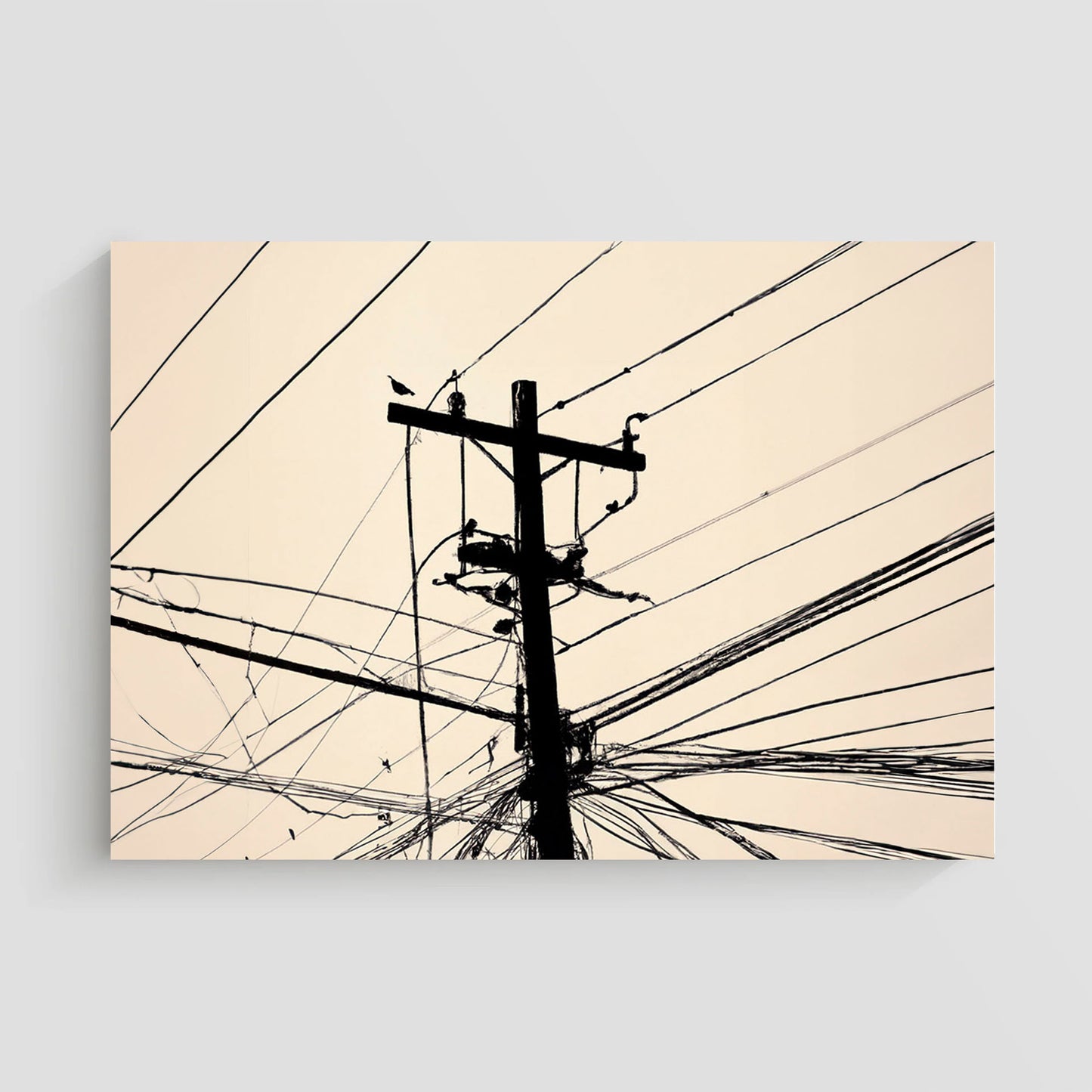 Imagen artística de un poste de electricidad con cables en silueta negra sobre un fondo beige