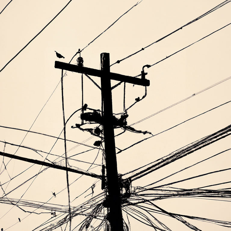 Imagen artística de un poste de electricidad con cables en silueta negra sobre un fondo beige