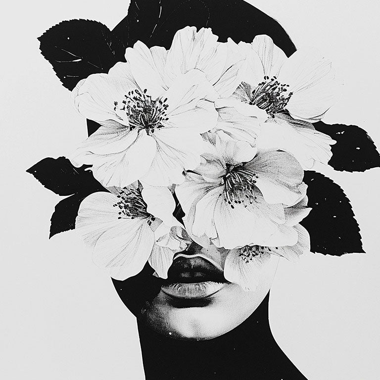 Ilustración en blanco y negro de un rostro humano combinado con flores delicadas.