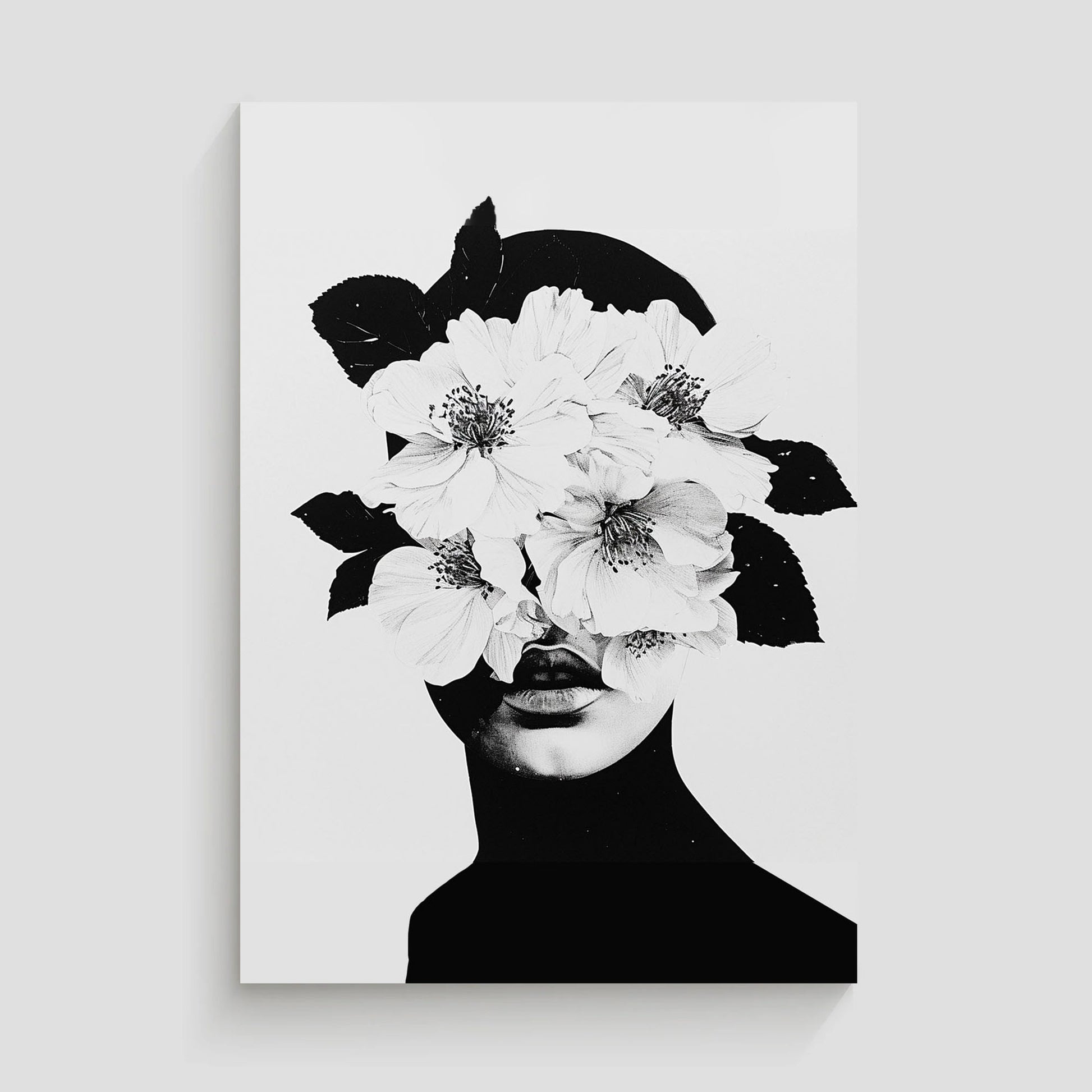 Ilustración en blanco y negro de un rostro humano combinado con flores delicadas.