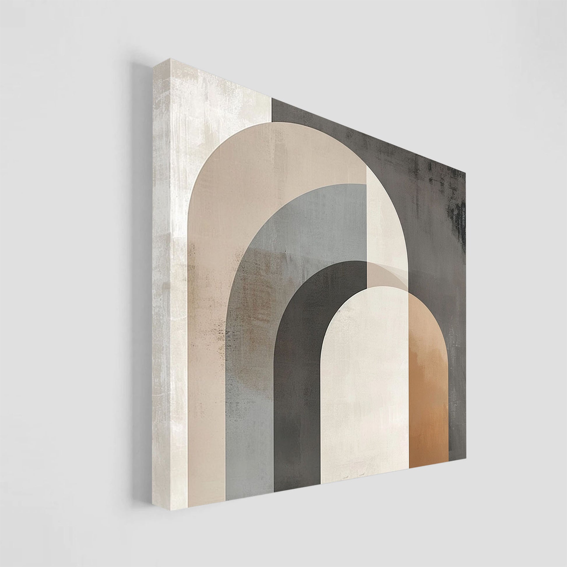 Arte abstracto con diseño geométrico de arcos en tonos beige, gris y marrón.
