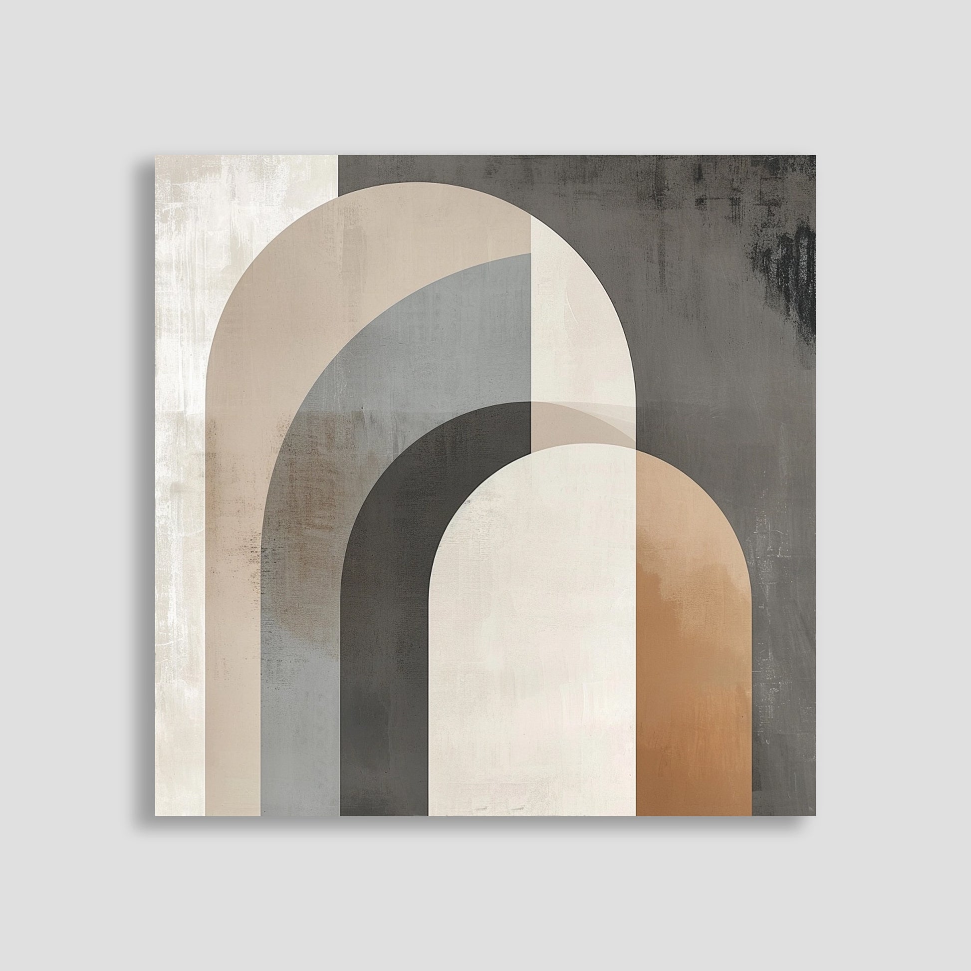 Arte abstracto con diseño geométrico de arcos en tonos beige, gris y marrón.