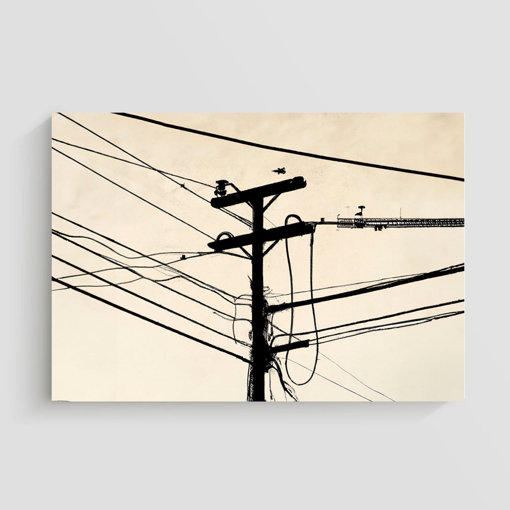 Imagen artística de un poste de electricidad con cables en silueta negra sobre un fondo beige.
