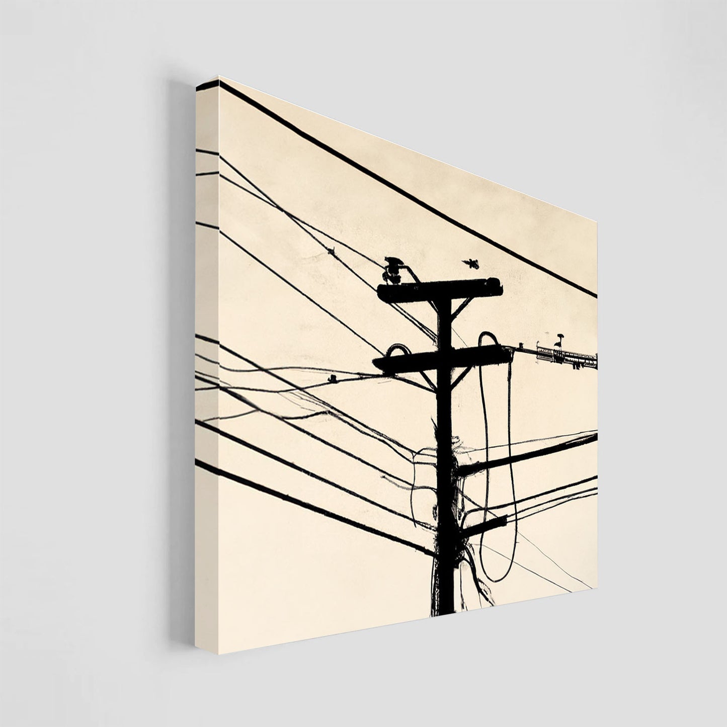 Imagen artística de un poste de electricidad con cables en silueta negra sobre un fondo beige.