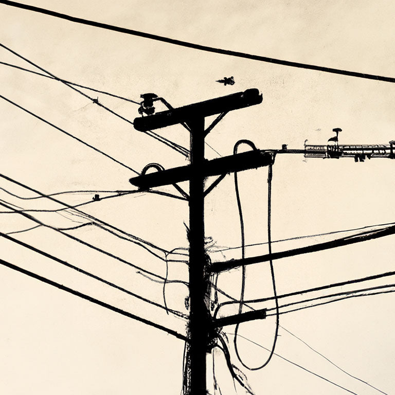 Imagen artística de un poste de electricidad con cables en silueta negra sobre un fondo beige.