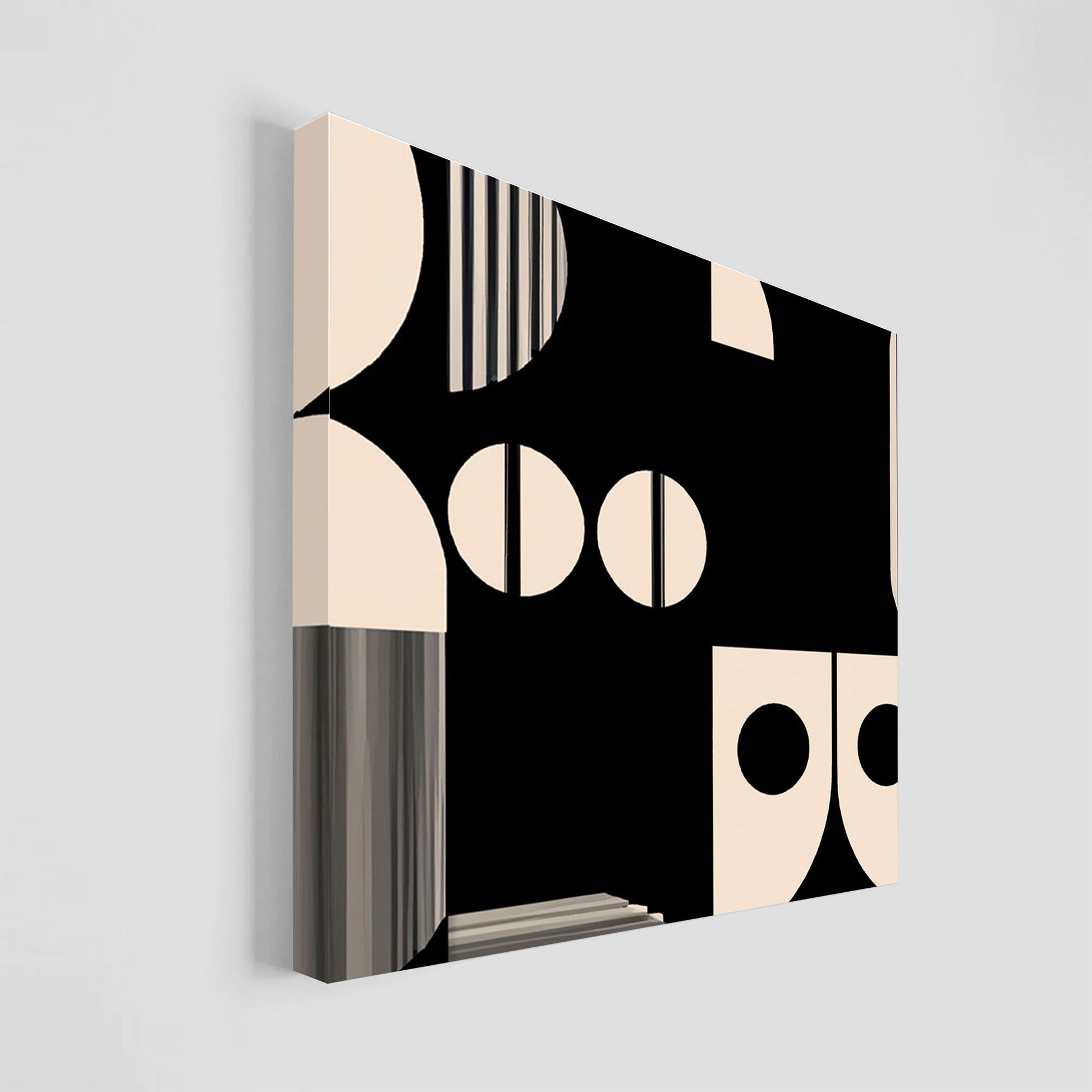 Arte abstracto en tonos neutros con diseño geométrico de círculos y líneas en beige y negro.