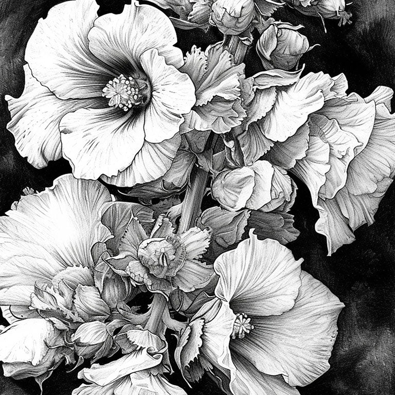 Ilustración en blanco y negro de un ramillete de flores detalladamente dibujadas.