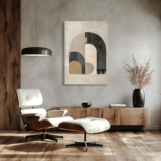 Arte abstracto con diseño geométrico de arcos y formas semicirculares en tonos beige, gris y marrón.