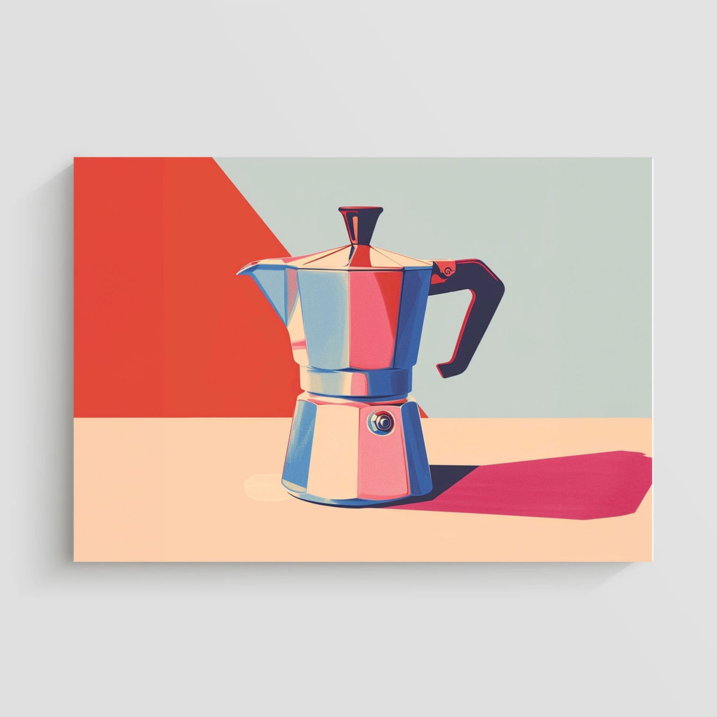 Ilustración vibrante de una cafetera italiana Moka en tonos brillantes de rojo, azul y beige