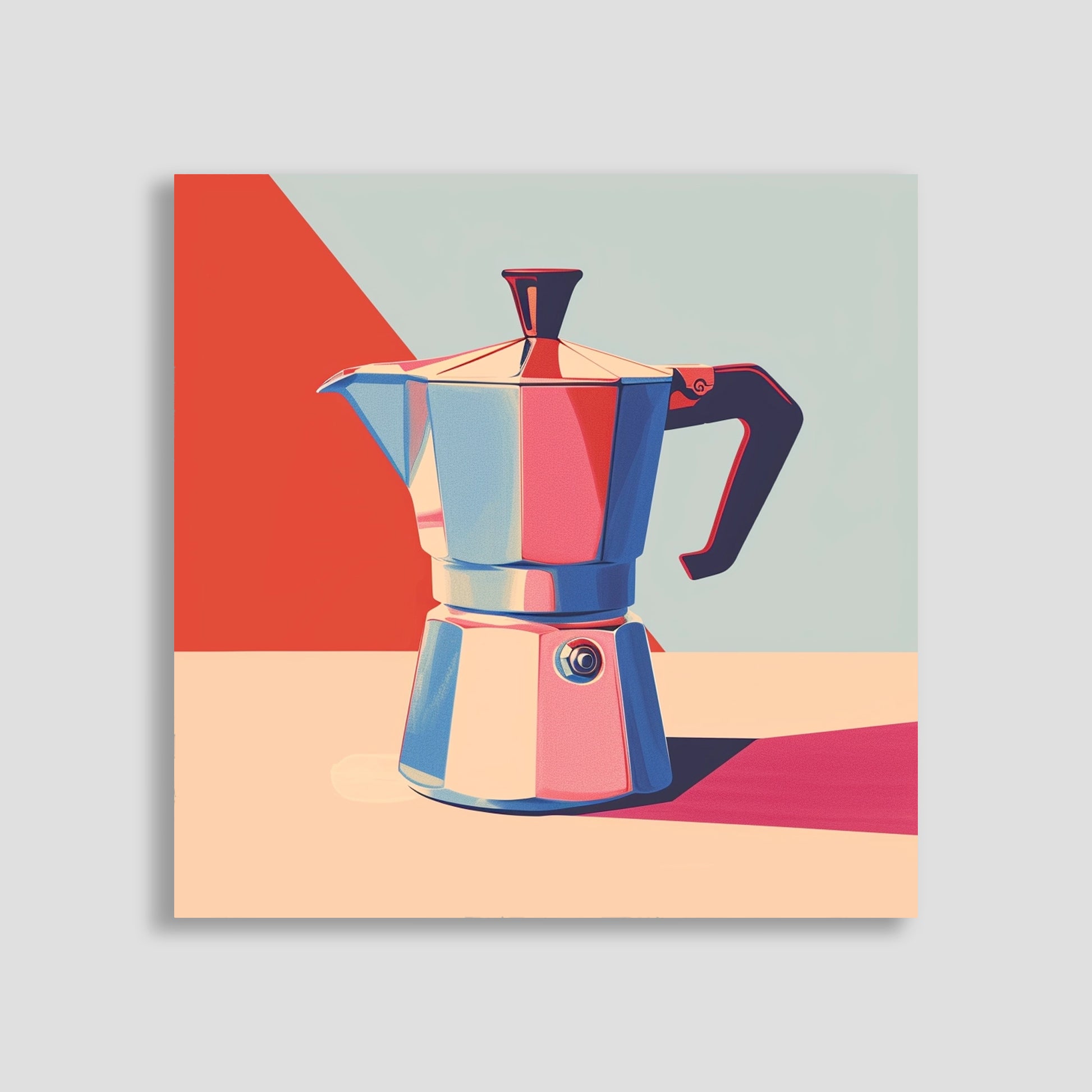 Ilustración vibrante de una cafetera italiana Moka en tonos brillantes de rojo, azul y beige