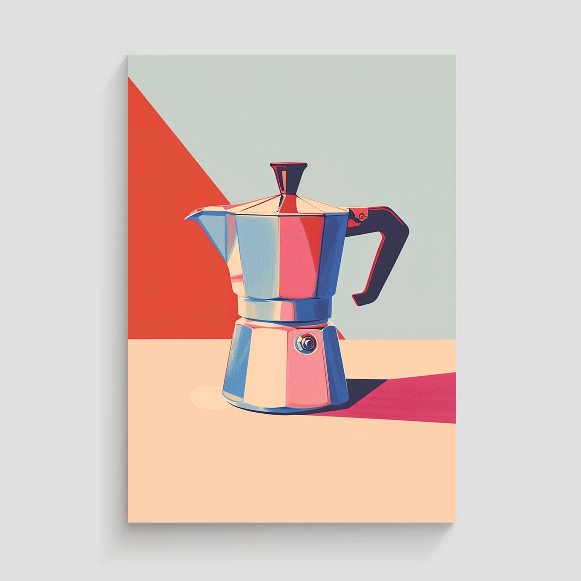 Ilustración vibrante de una cafetera italiana Moka en tonos brillantes de rojo, azul y beige