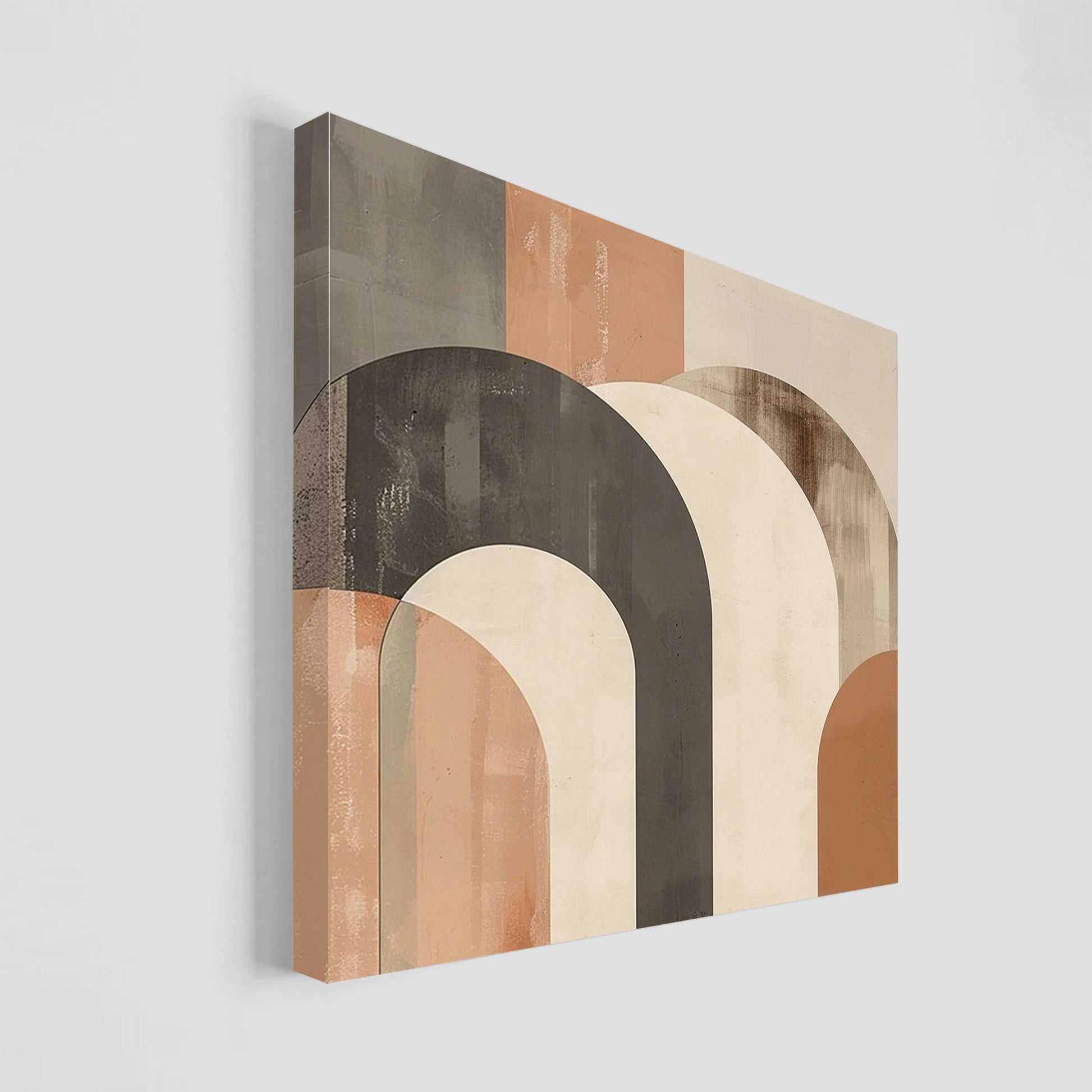 Arte abstracto con diseño geométrico de arcos y formas semicirculares en beige, gris y negro.