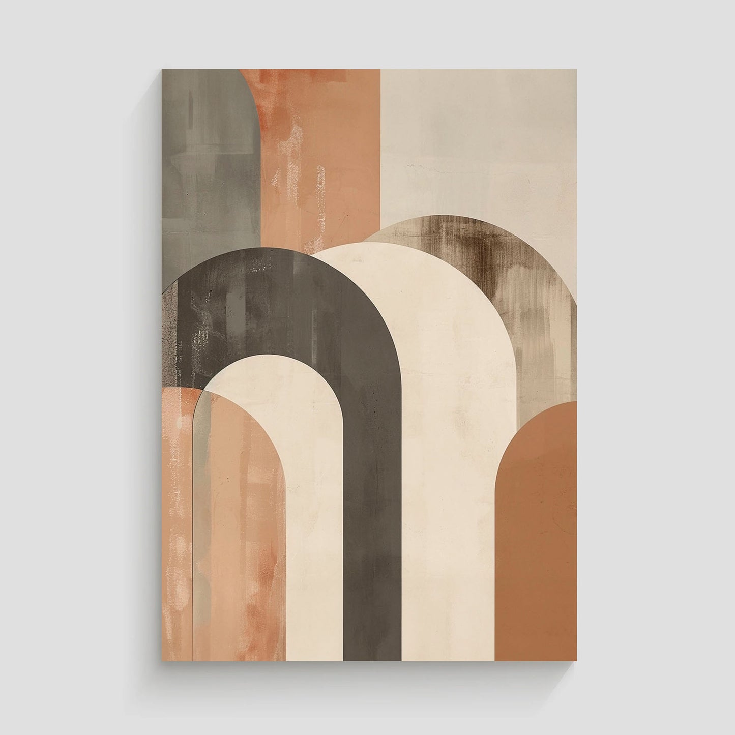 Arte abstracto con diseño geométrico de arcos y formas semicirculares en beige, gris y negro.