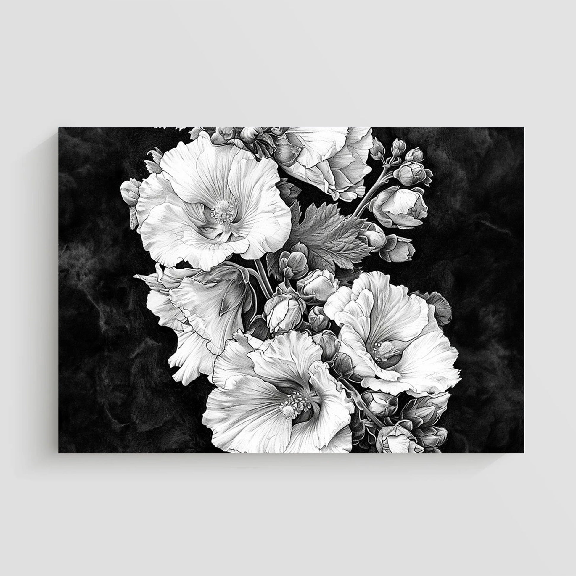 Ilustración en blanco y negro de un ramo de flores, mostrando detallados pétalos y hojas con un sombreado artístico, destacando el contraste entre las flores y el fondo oscuro.