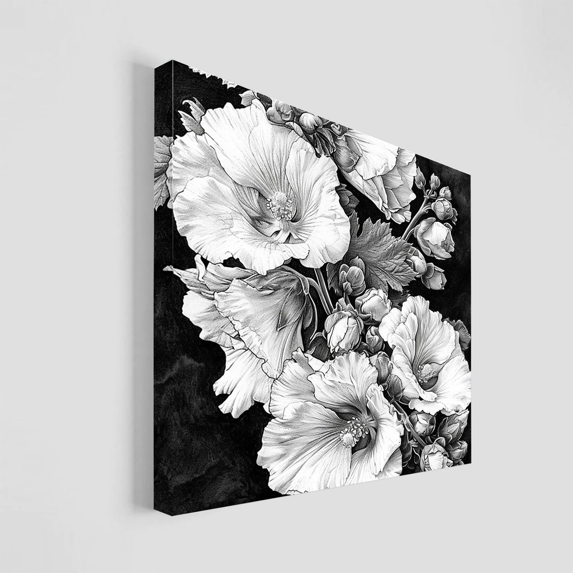 Ilustración en blanco y negro de un ramo de flores, mostrando detallados pétalos y hojas con un sombreado artístico, destacando el contraste entre las flores y el fondo oscuro.