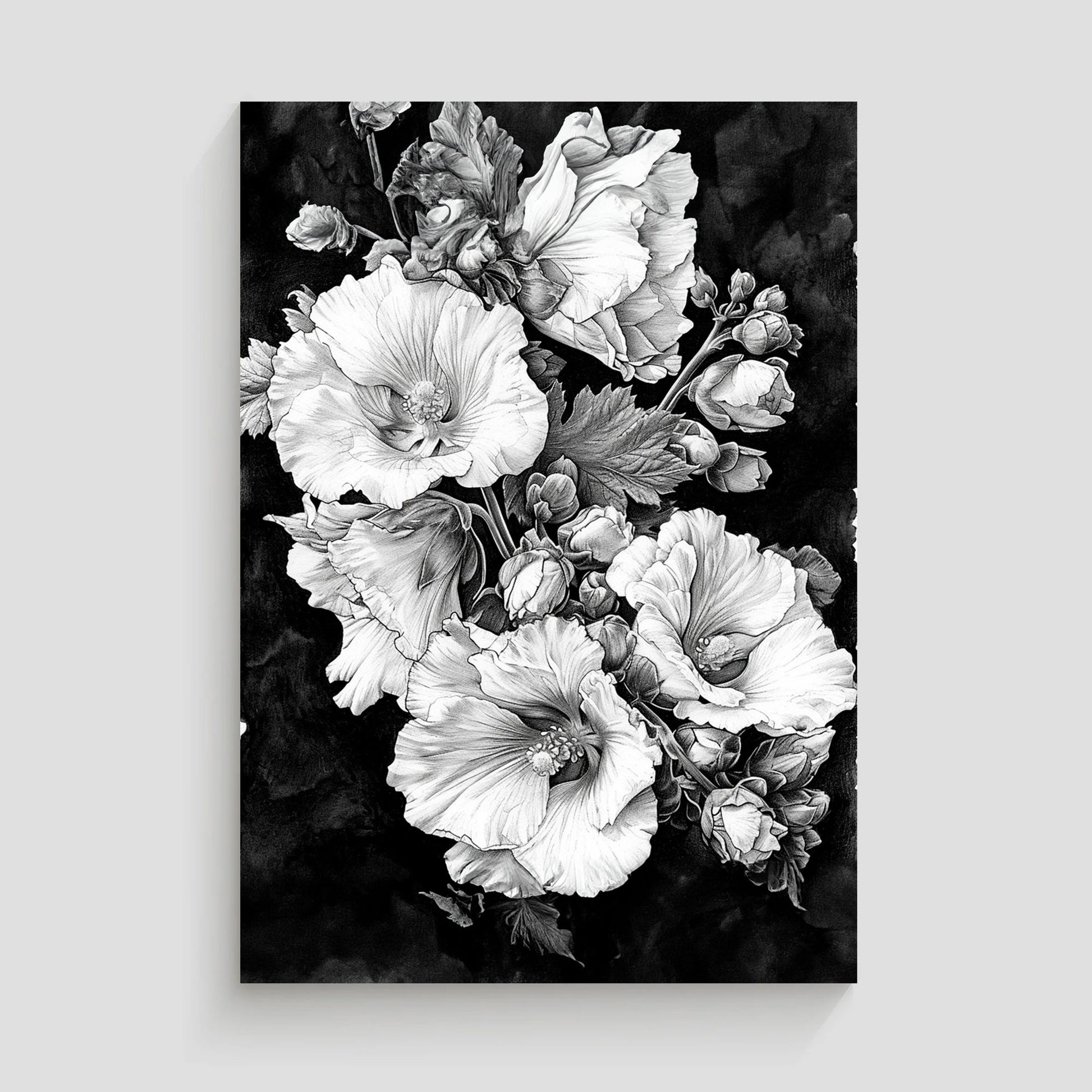 Ilustración en blanco y negro de un ramo de flores, mostrando detallados pétalos y hojas con un sombreado artístico, destacando el contraste entre las flores y el fondo oscuro.