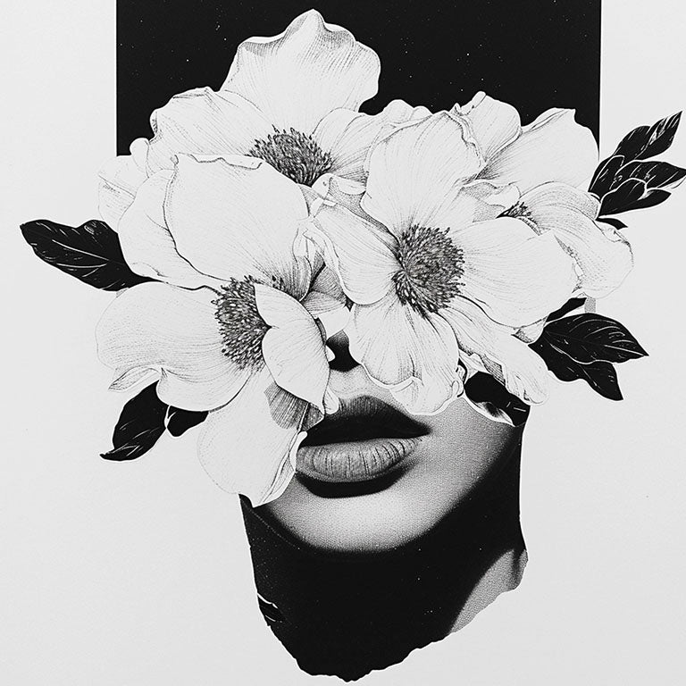 Ilustración en blanco y negro de un rostro humano fusionado con flores delicadas.