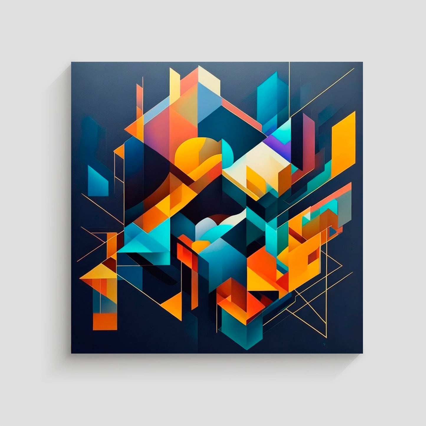 Obra de arte geométrica abstracta con formas vibrantes en azul, naranja, amarillo y púrpura sobre un fondo azul oscuro.