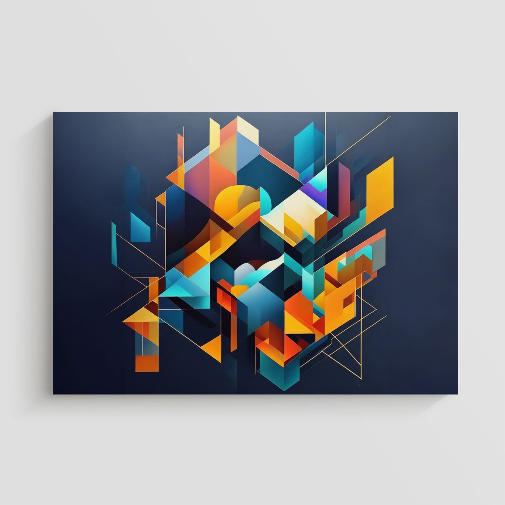 Obra de arte geométrica abstracta con formas vibrantes en azul, naranja, amarillo y púrpura sobre un fondo azul oscuro.