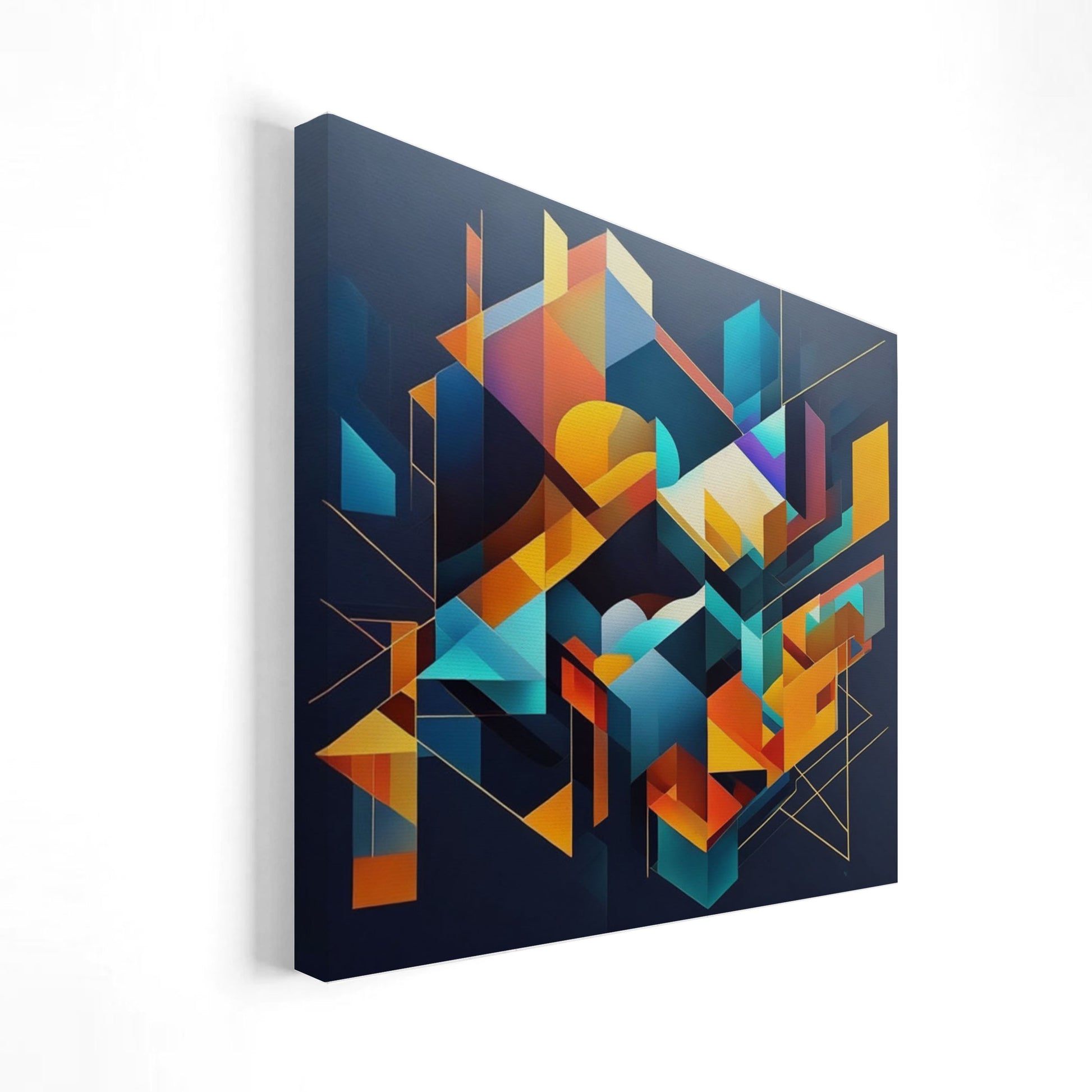 Obra de arte geométrica abstracta con formas vibrantes en azul, naranja, amarillo y púrpura sobre un fondo azul oscuro.