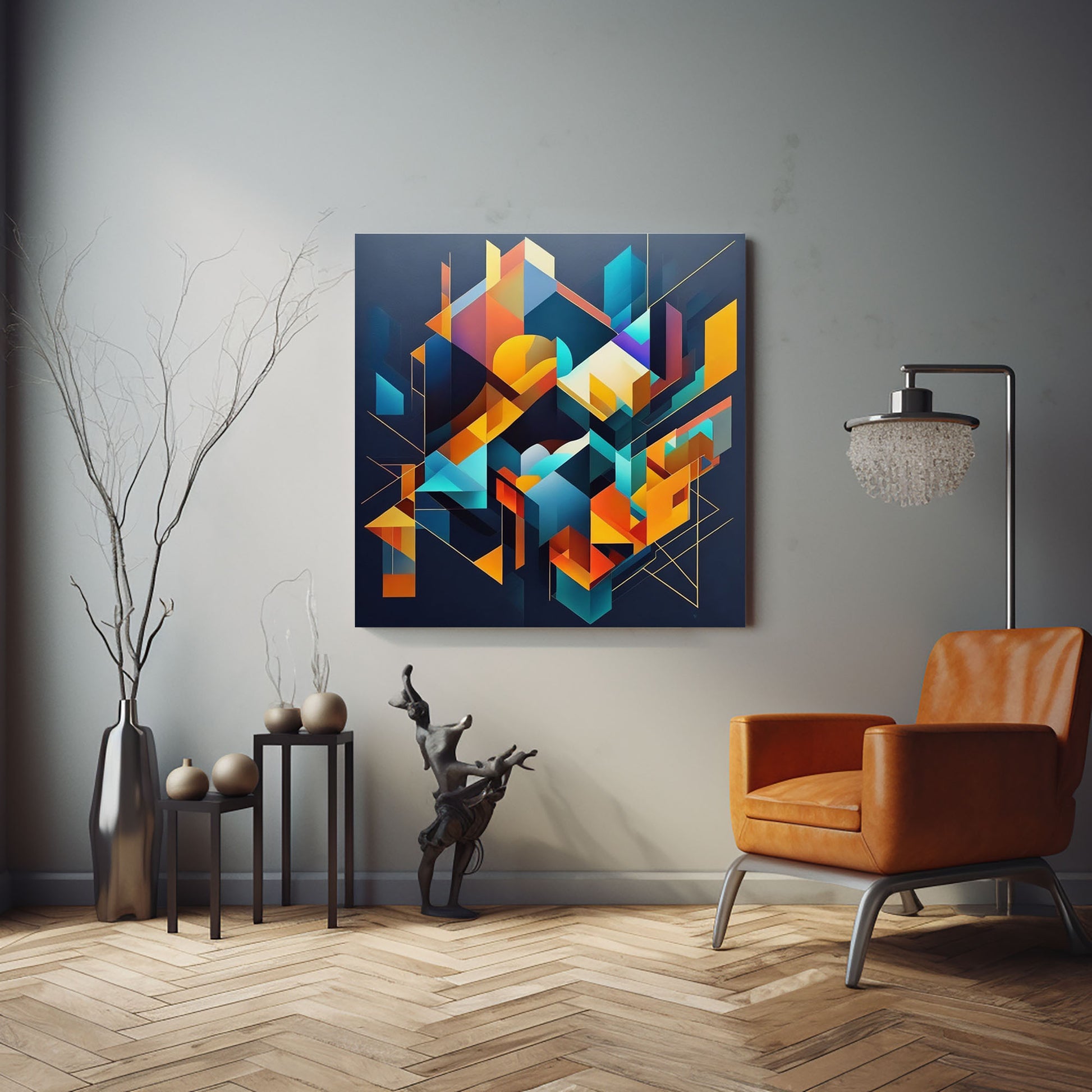 Obra de arte geométrica abstracta con formas vibrantes en azul, naranja, amarillo y púrpura sobre un fondo azul oscuro.