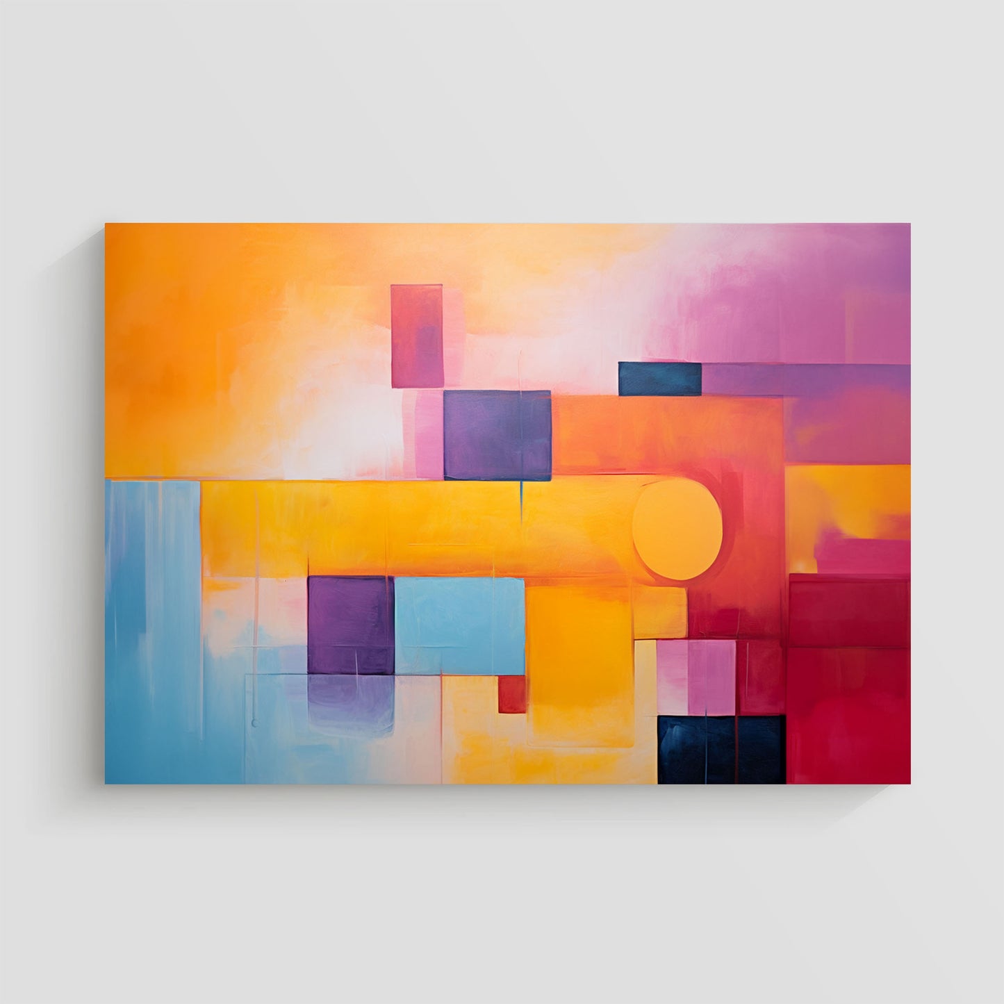 Arte abstracto con diseño geométrico en colores amarillo, naranja, púrpura y azul.