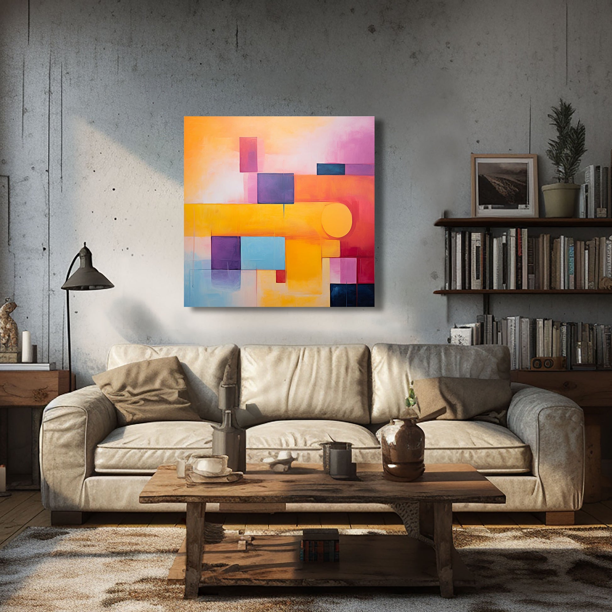 Arte abstracto con diseño geométrico en colores amarillo, naranja, púrpura y azul.