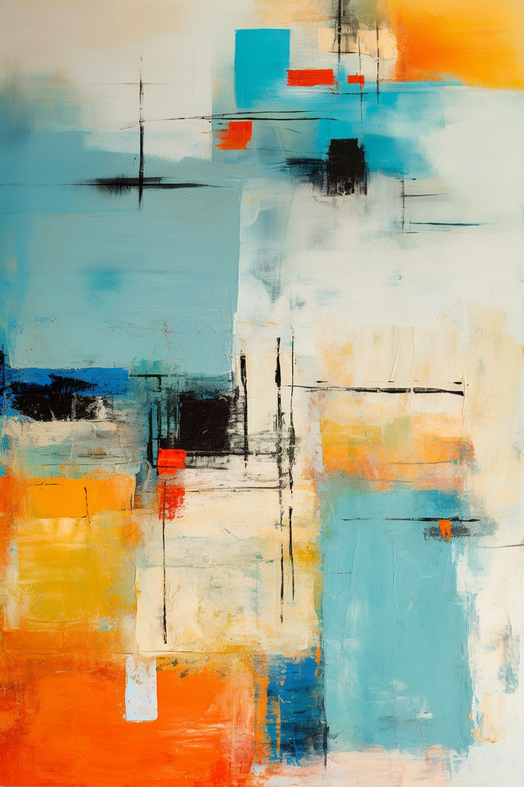 Arte abstracto con una combinación de colores vibrantes y formas geométricas en tonos de azul, naranja, rojo y negro.