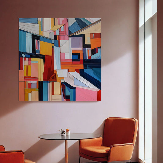 Arte abstracto con una composición geométrica en colores brillantes y variados.