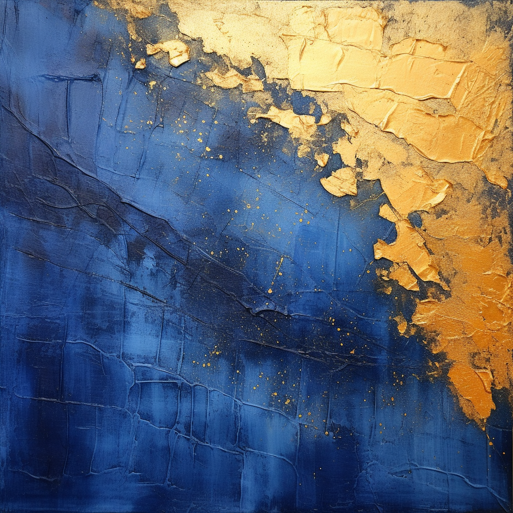 Arte abstracto con textura en colores azul profundo y dorado, creando una composición lujosa y contemporánea.