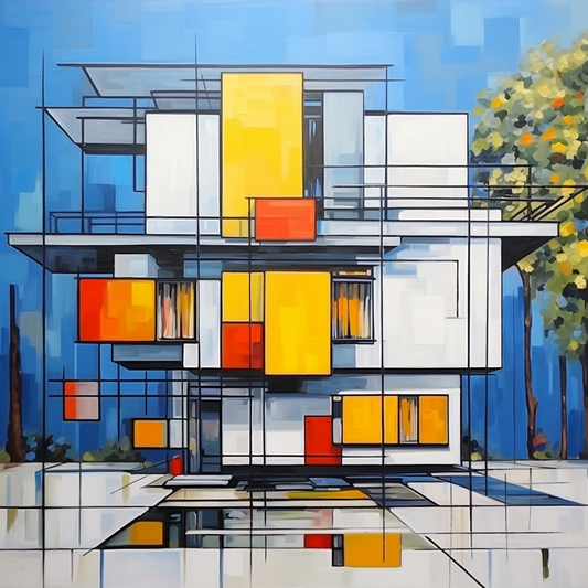 Arte abstracto de una casa moderna con diseño geométrico en colores blanco, amarillo, rojo y azul.