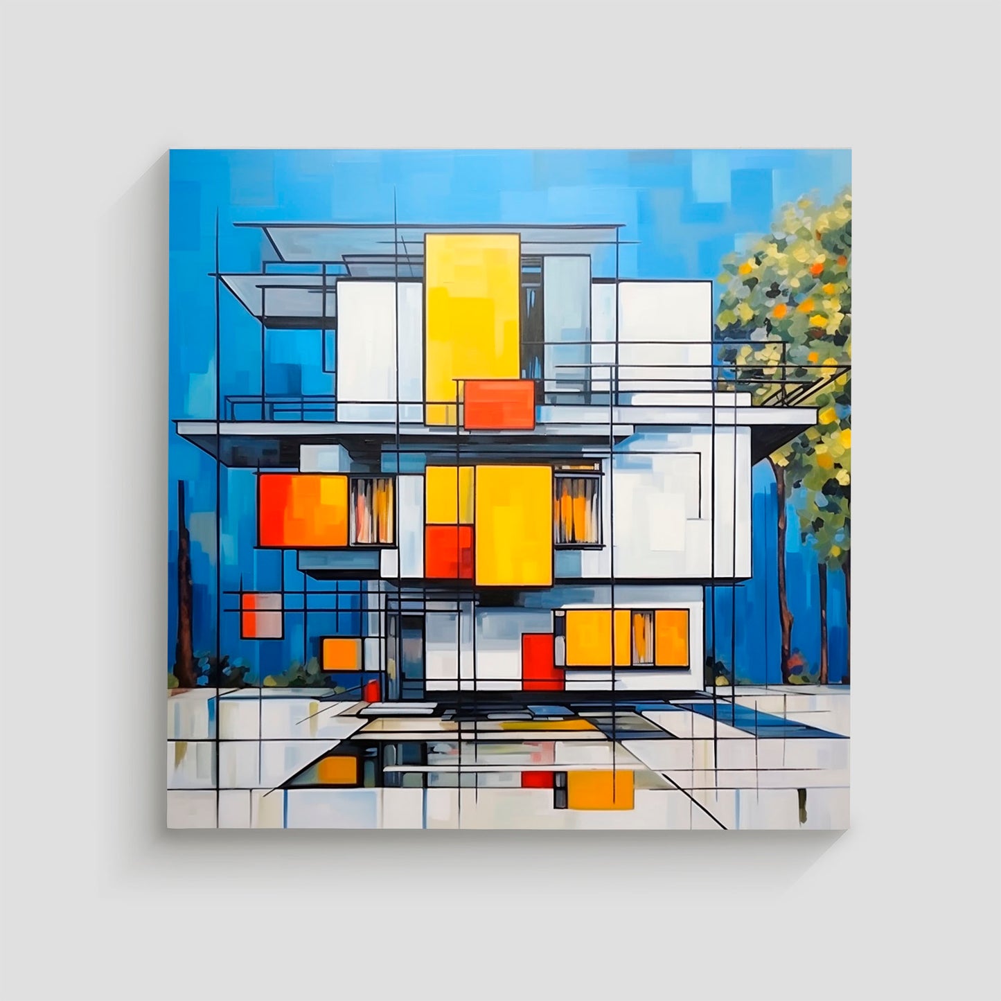 Arte abstracto de una casa moderna con diseño geométrico en colores blanco, amarillo, rojo y azul.