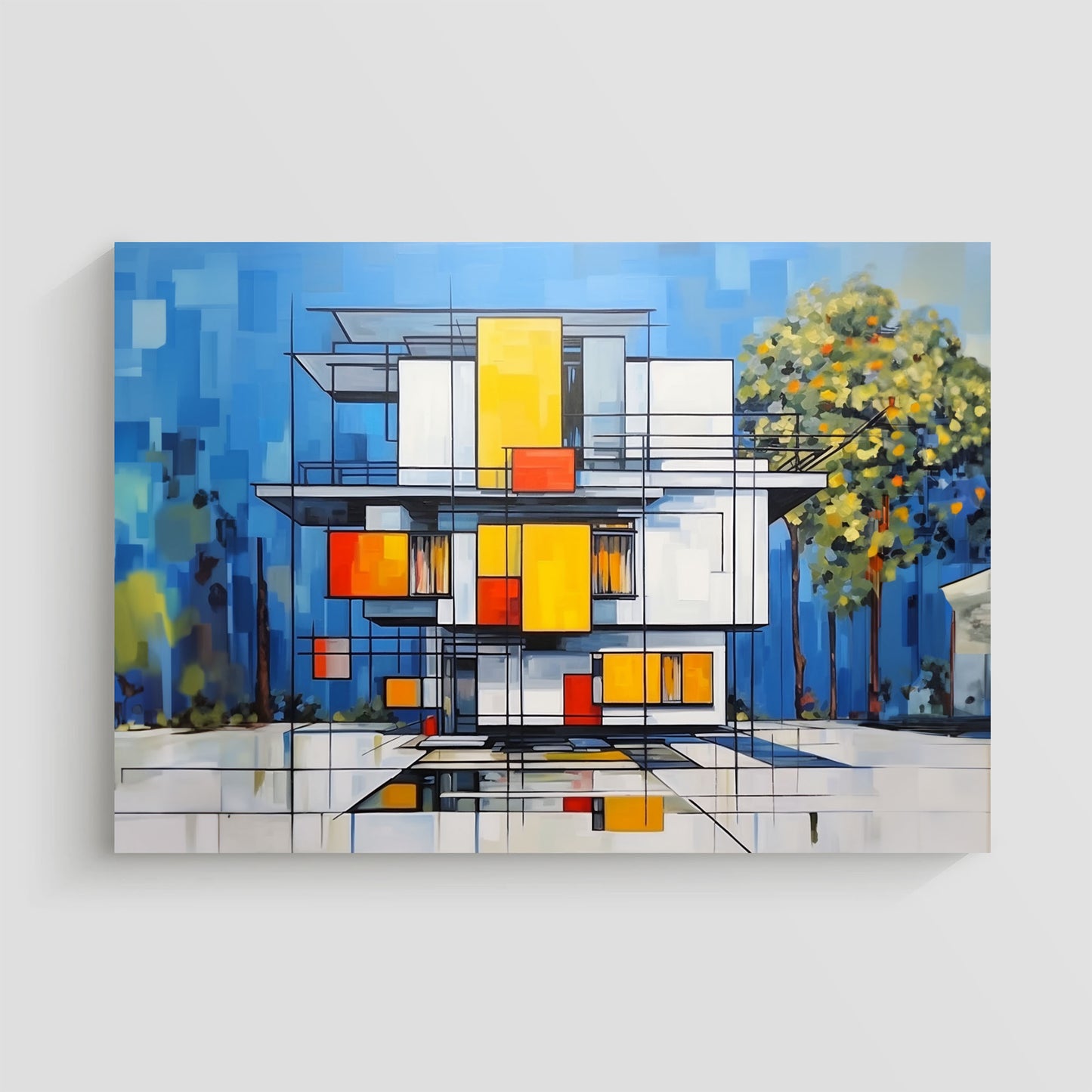 Arte abstracto de una casa moderna con diseño geométrico en colores blanco, amarillo, rojo y azul.