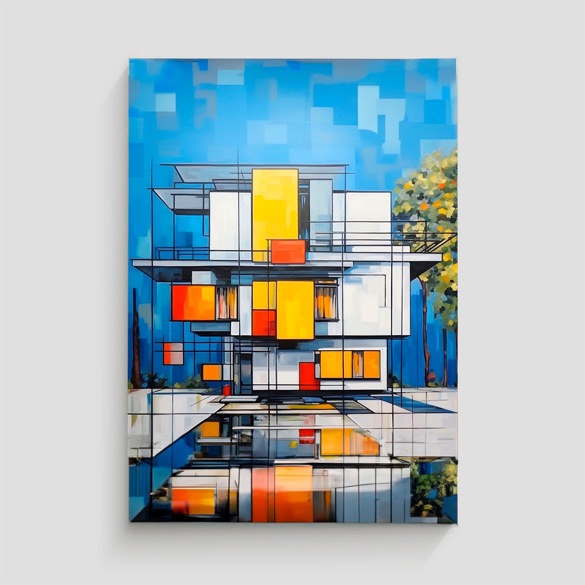 Arte abstracto de una casa moderna con diseño geométrico en colores blanco, amarillo, rojo y azul.