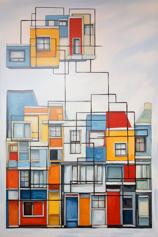 Arte abstracto de edificios con diseño geométrico en colores amarillo, azul, rojo y blanco.