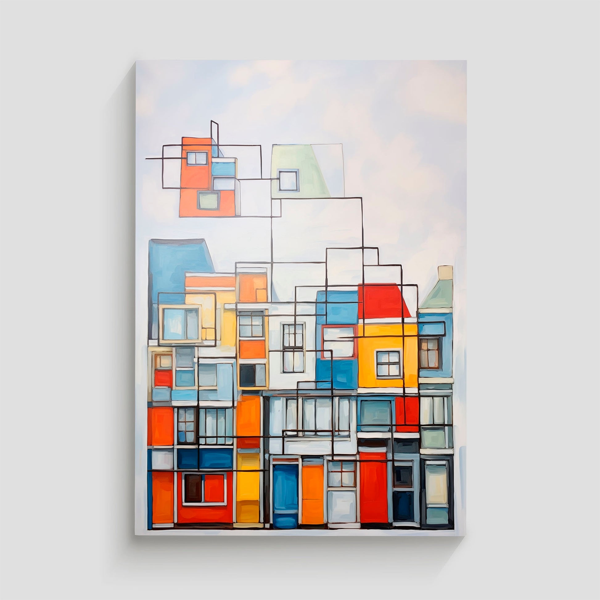 Arte abstracto de edificios con diseño geométrico en colores amarillo, azul, rojo y blanco.