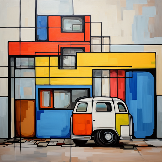Cuadro decorativo moArte abstracto de arquitectura con formas geométricas coloridas y una furgoneta vintage en primer plano.derno para el hogar y la oficina