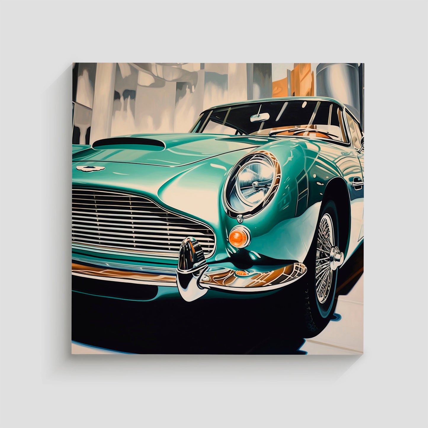 Ilustración de un automóvil clásico Aston Martin en color verde, destacando sus detalles elegantes y sofisticados