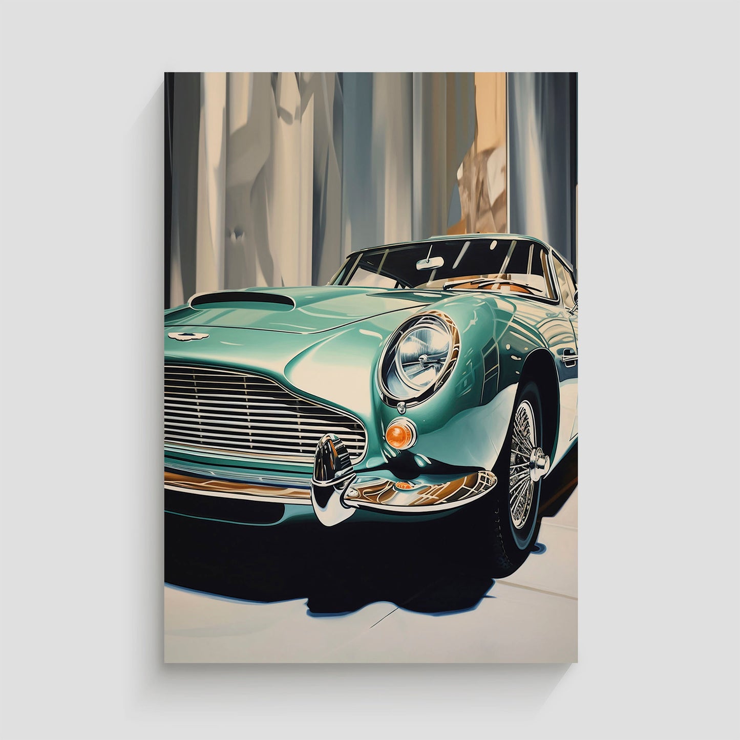 Ilustración de un automóvil clásico Aston Martin en color verde, destacando sus detalles elegantes y sofisticados