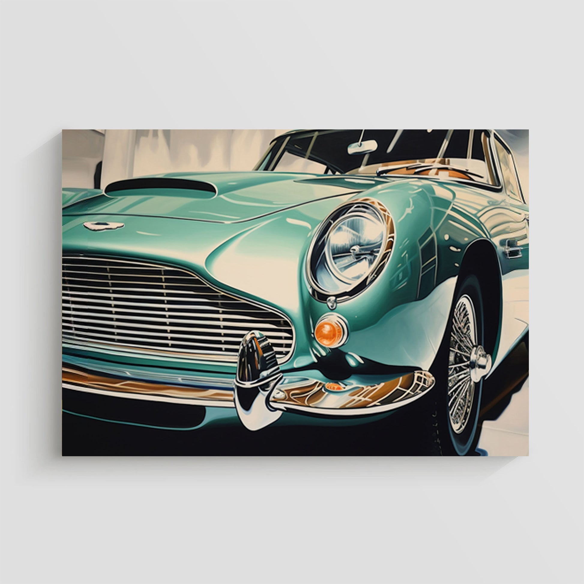 Ilustración de un automóvil clásico Aston Martin en color verde, destacando sus detalles elegantes y sofisticados