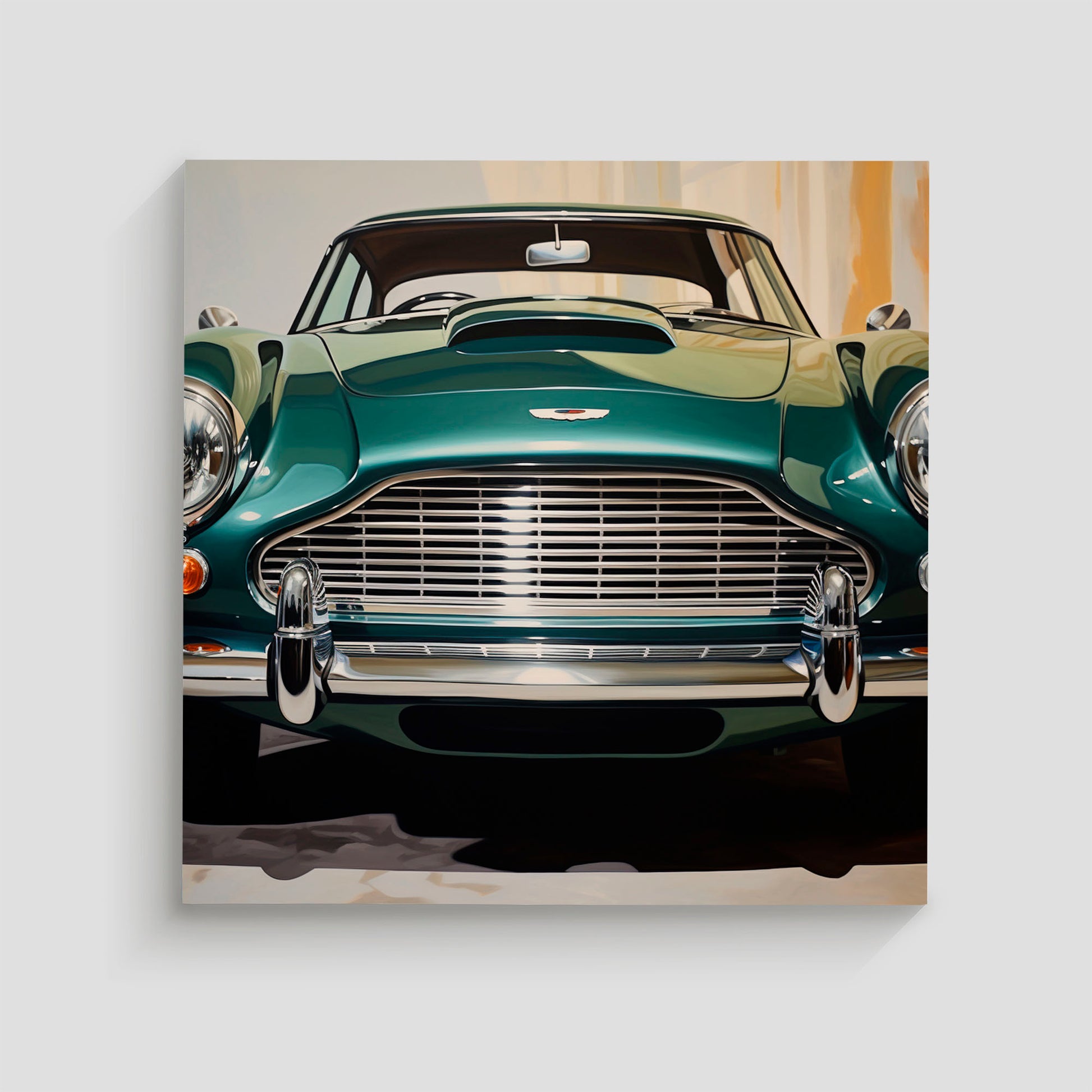 Imagen de un automóvil clásico Aston Martin en color verde, destacando sus detalles elegantes y sofisticados