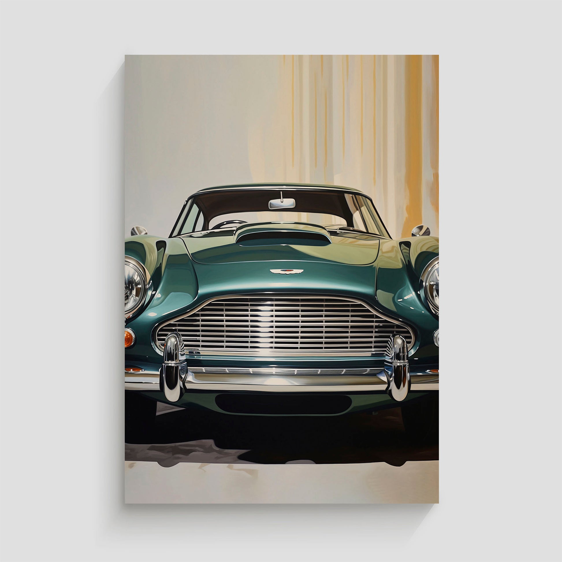 Ilustración de un automóvil clásico Aston Martin en color verde, destacando sus detalles elegantes y sofisticados