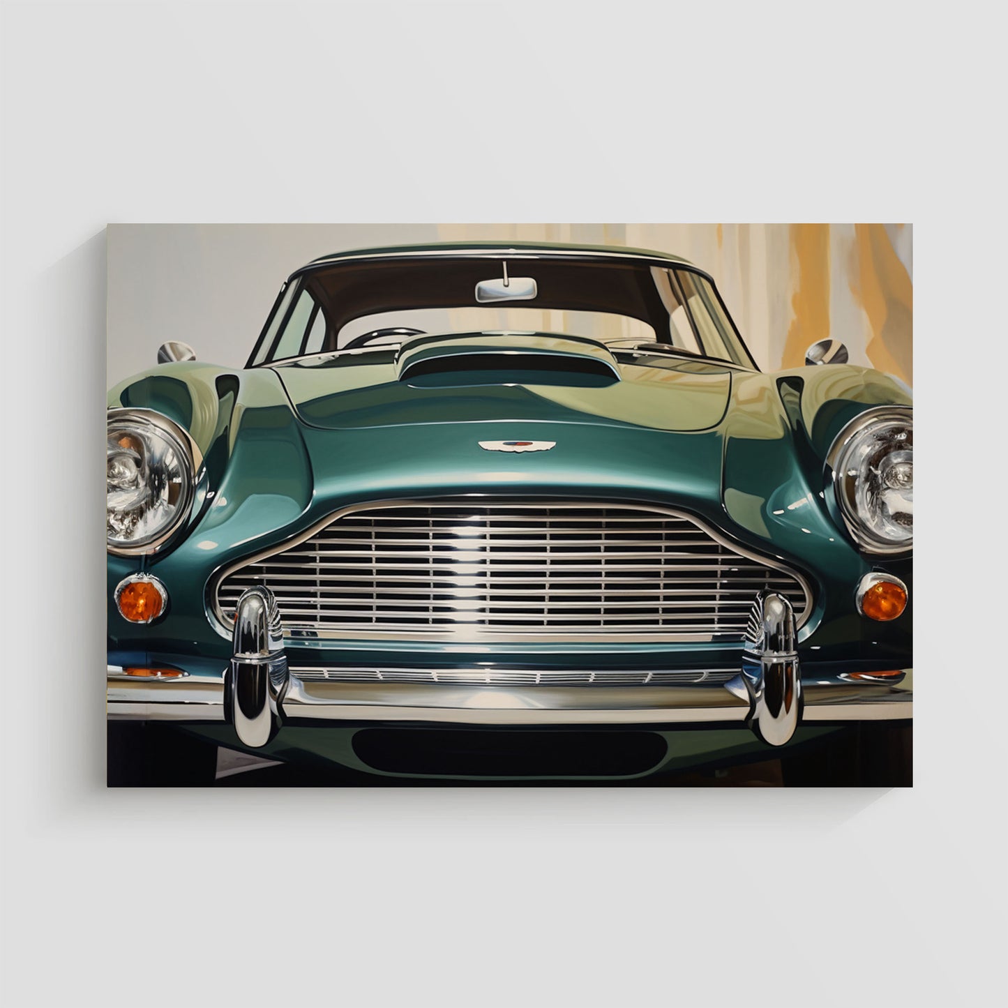 Imagen de un automóvil clásico Aston Martin en color verde, destacando sus detalles elegantes y sofisticados