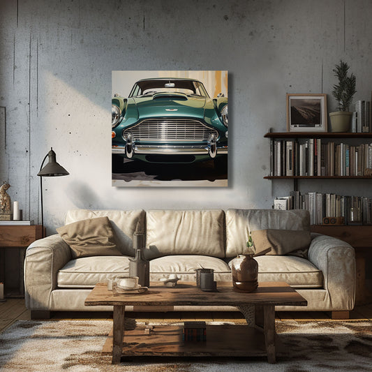 Ilustración de un automóvil clásico Aston Martin en color verde, destacando sus detalles elegantes y sofisticados