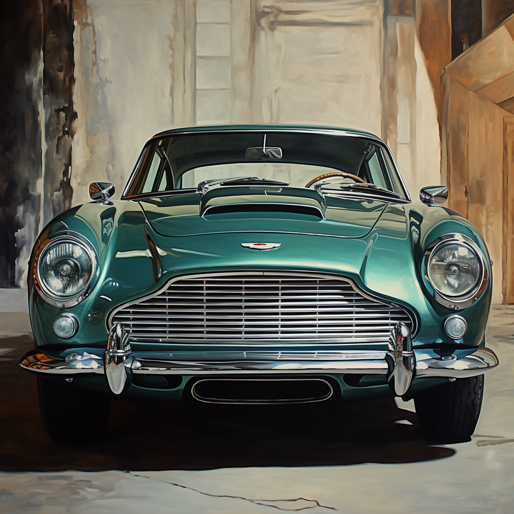 Ilustración de un automóvil clásico Aston Martin en color verde, destacando sus detalles elegantes y sofisticados