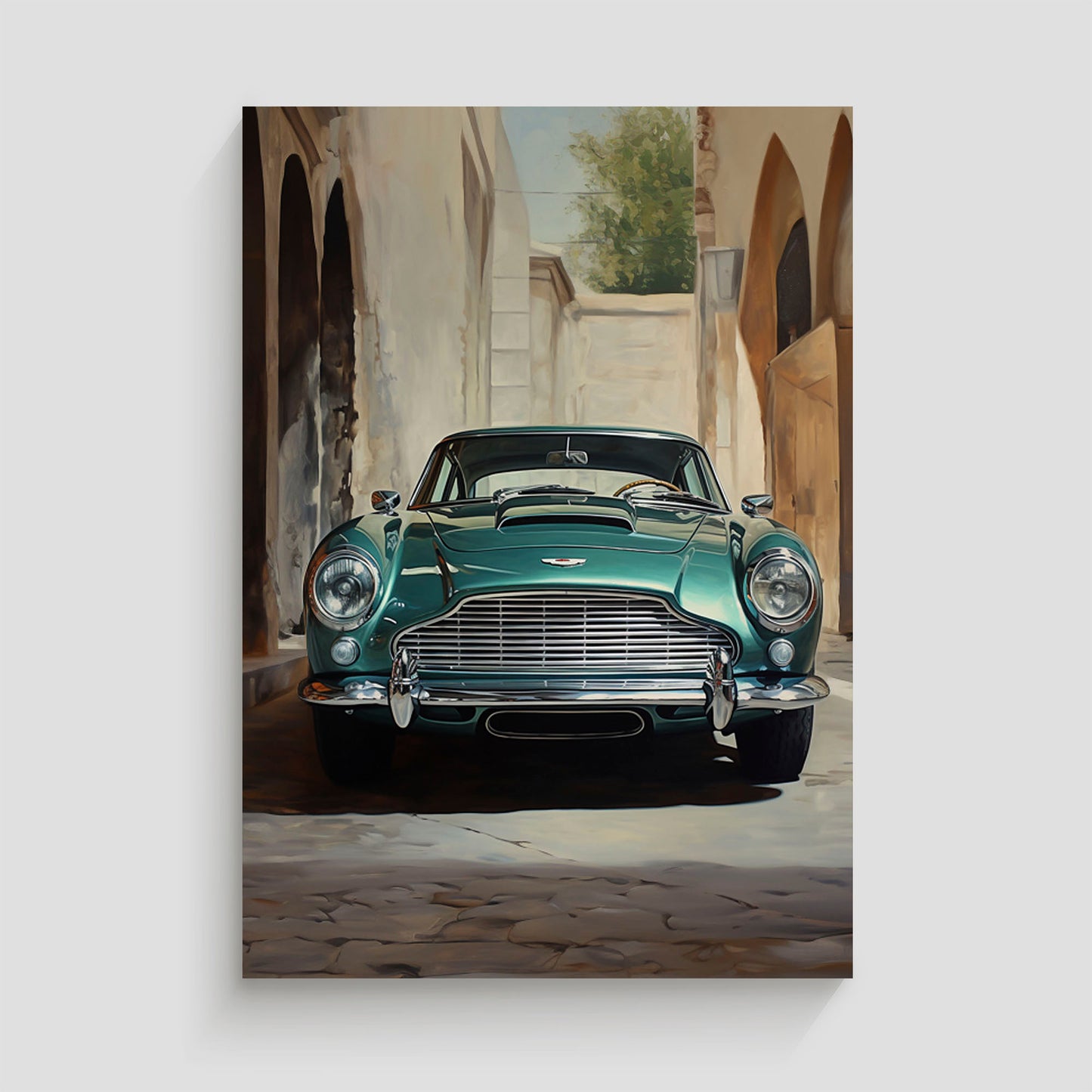 Ilustración de un automóvil clásico Aston Martin en color verde, destacando sus detalles elegantes y sofisticados